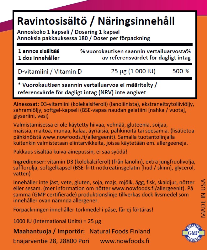 Vit D-3 1000IU (180 kapselia)
