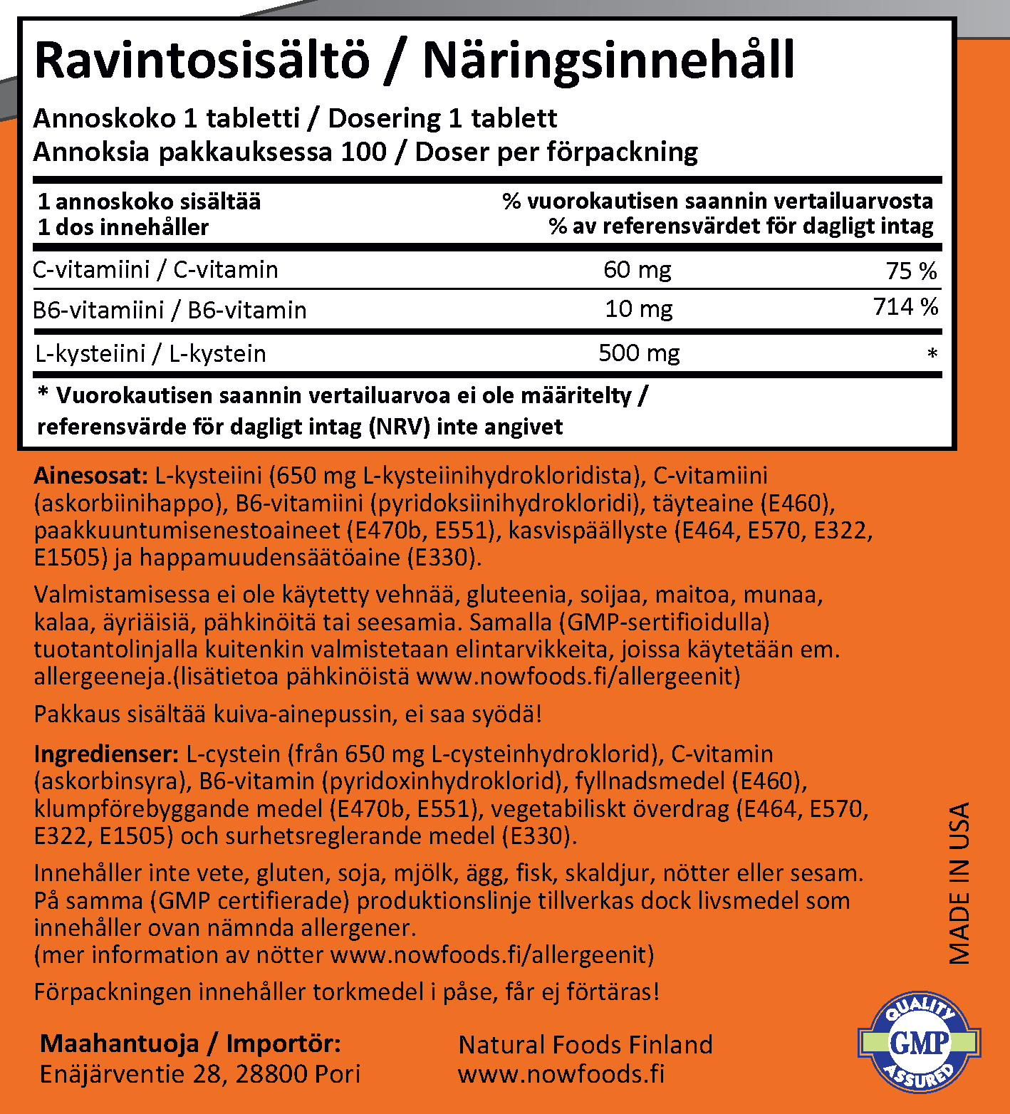 L-Cysteine 500mg (100 tablettia)