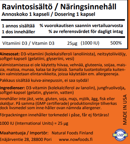 Vit D-3 1000IU (180 kapselia)