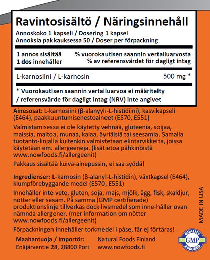L-Carnosine 500mg (50 kapselia)
